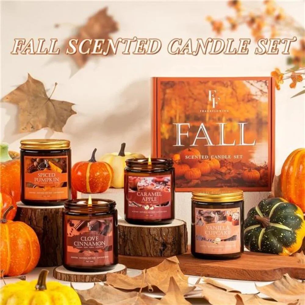 Fall Candle Set 4 Pack Scented Soy Wax Autumn Home Decor Pumpkin Cinnamon Vanill